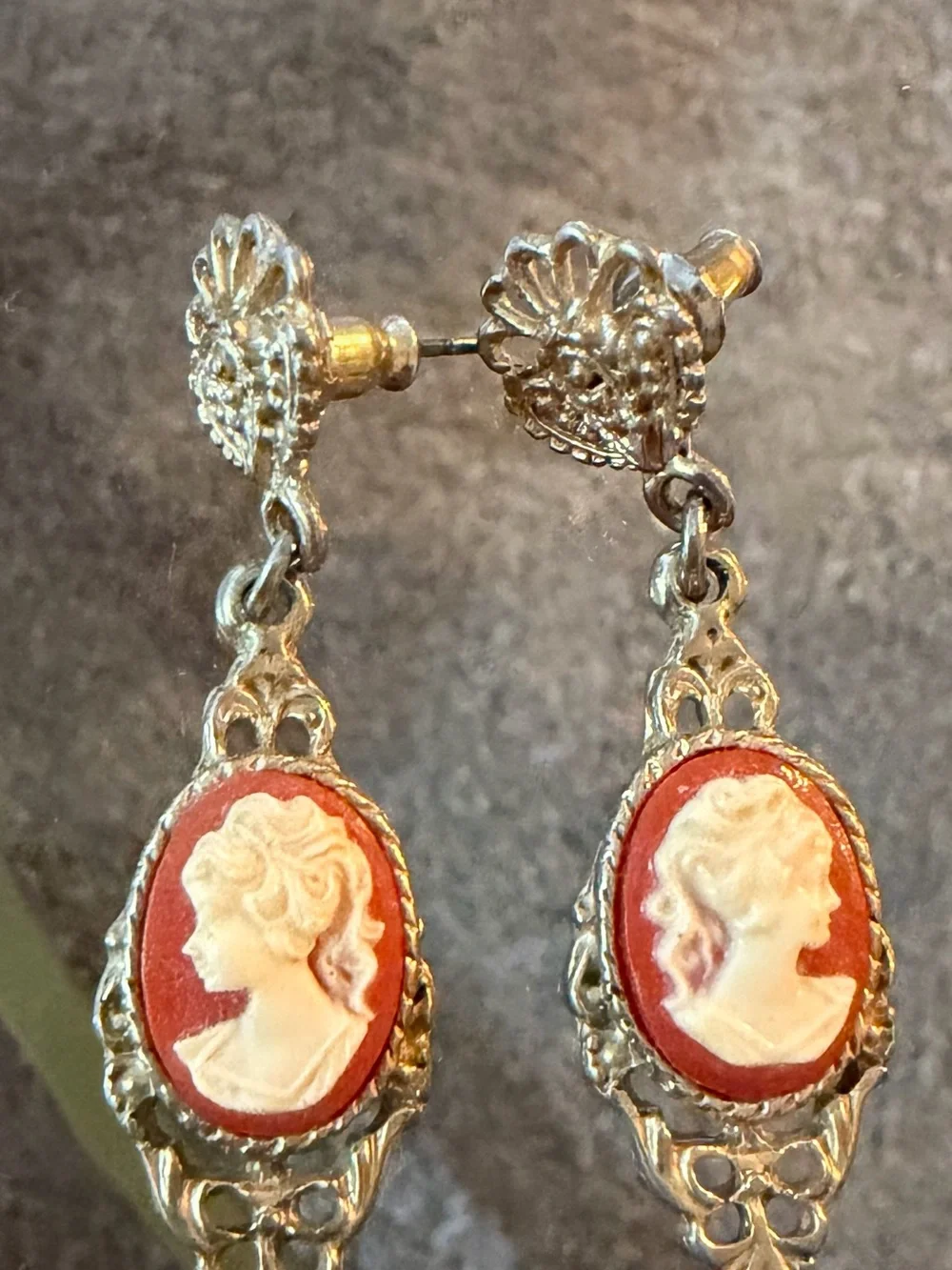 Vintage Gold Cameo Drop Earrings in Cream and Brown